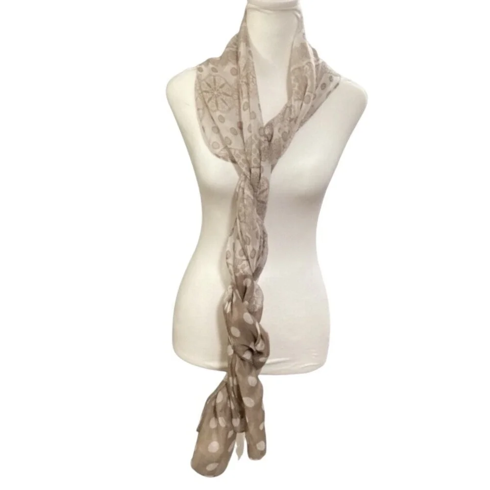 Polka Dot and Lace Mandala Print Lightweight Scarf Taupe Cream NEW approx 19X73